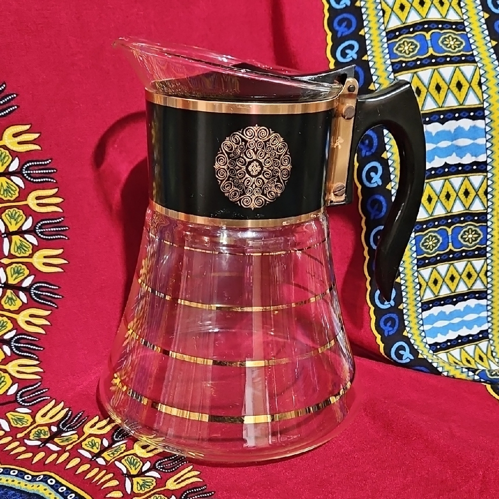 Elegant MCM David Douglas Flameware Glass Pitcher with Black and Gold Accents